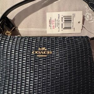 Coach Navy Woven Leather Wristlet with Gold Logo